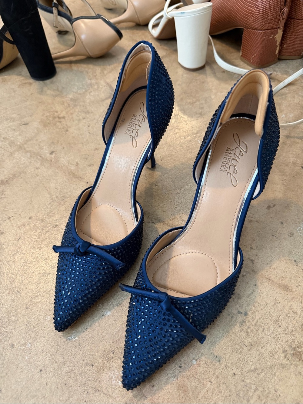 Badgley Mischka Navy Crystal-Embellished Pointed D'Orsay Pumps